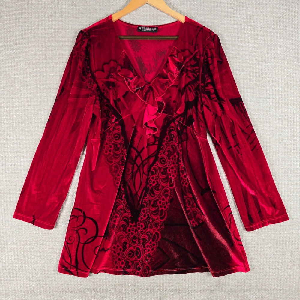 The Pyramid Collection Red Black Velvet Ruffle V-Neck Tunic Top Gothic  Size L